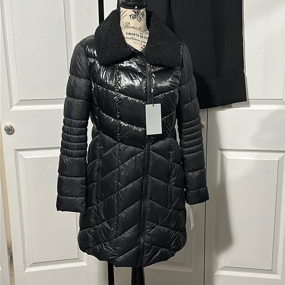 Marc New York by Andrew Marc Women's Asymmetrical Cire Puffer Quilted Mid-Length